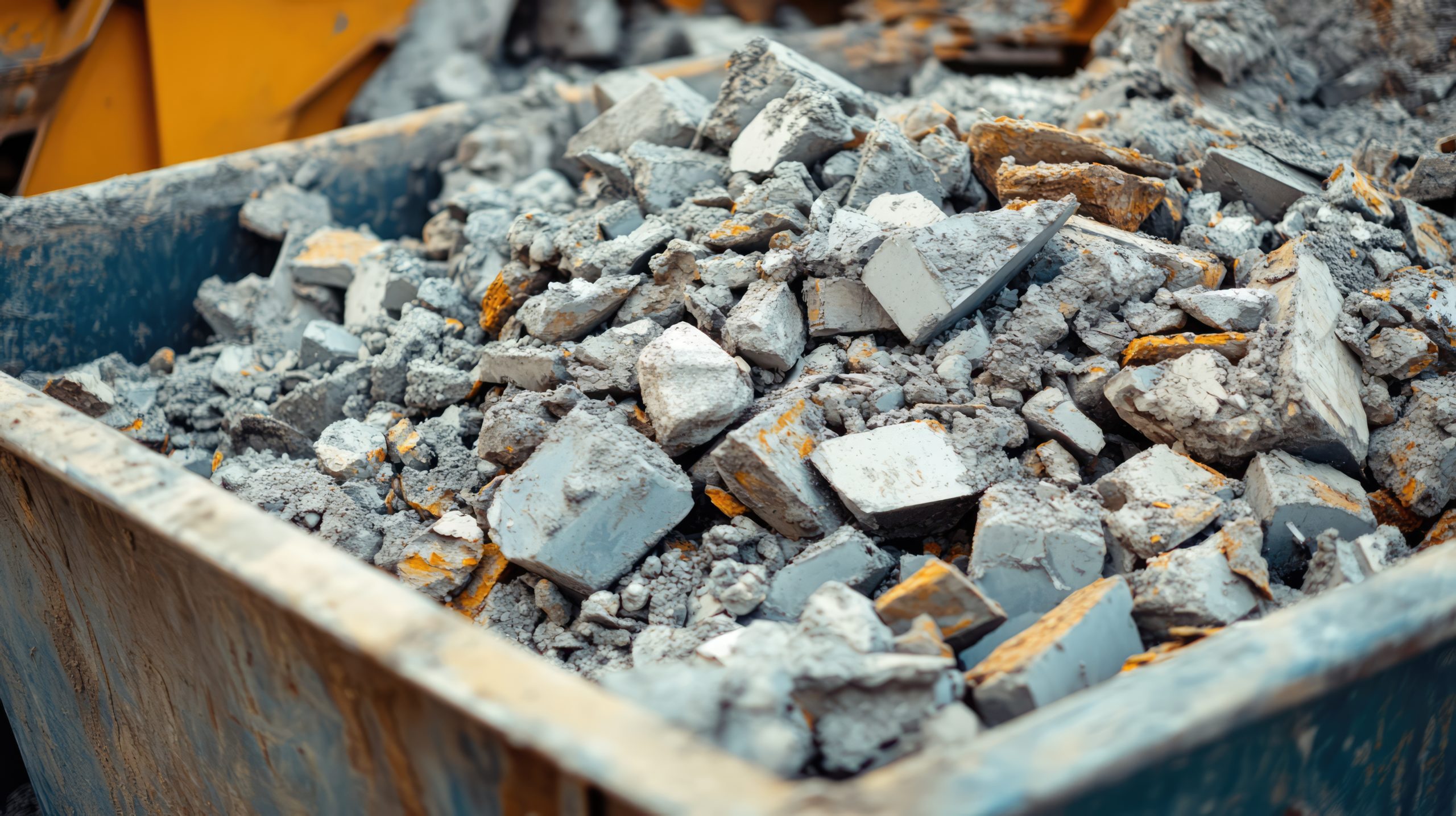 Construction site debris in metal dumpster filled with concrete scraps and cement waste indicating ongoing renovation or demolition activities