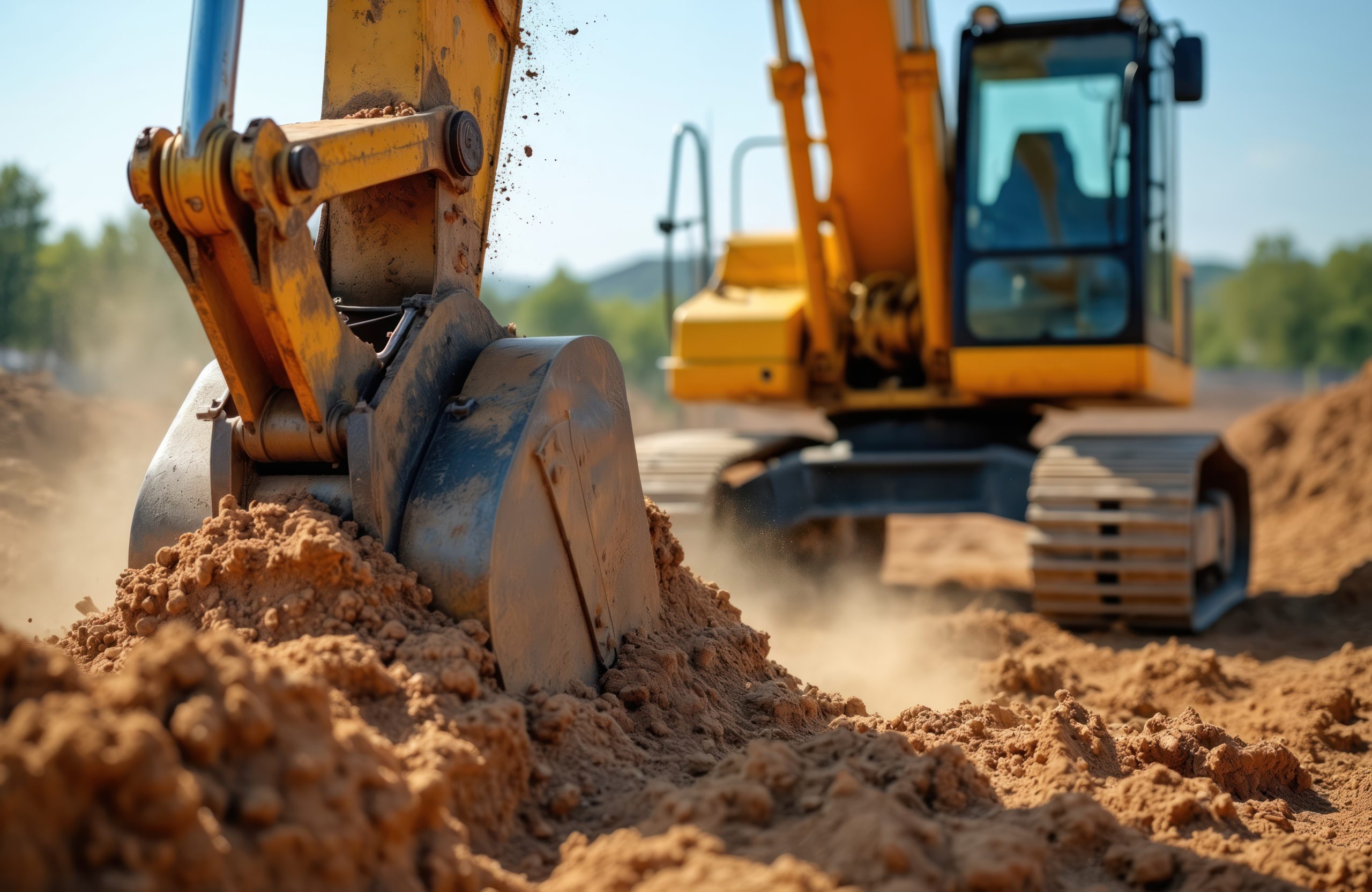 Close-up excavator working construction site. Backhoe digging soil earthwork. Excavating machine at work. Heavy machinery development earth moving for construction business.