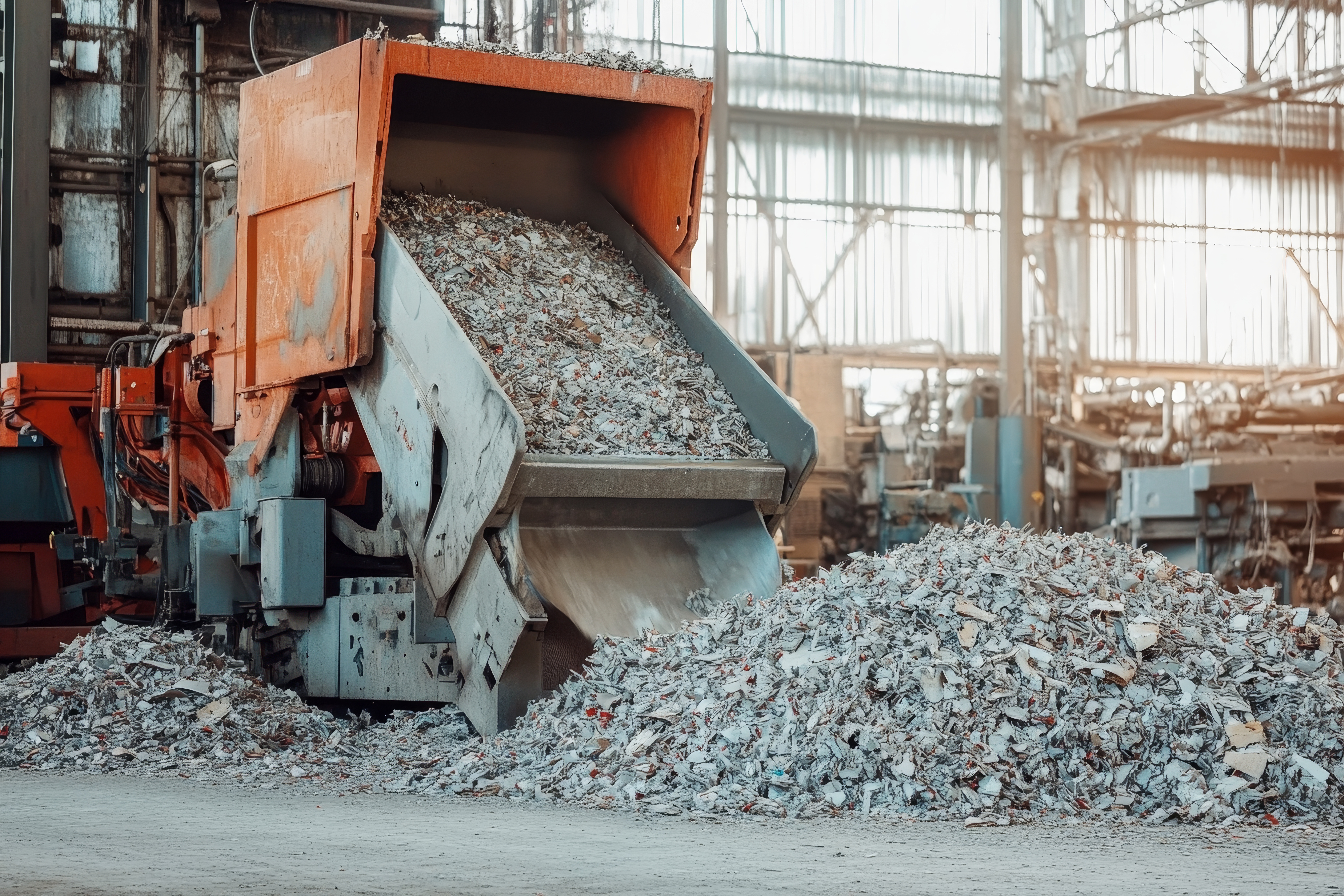 Industrial Shredder Machine Processing Metal Scrap in a factory, large metal pieces are being shredded into smaller pieces, recycling, heavy machinery, metal processing.